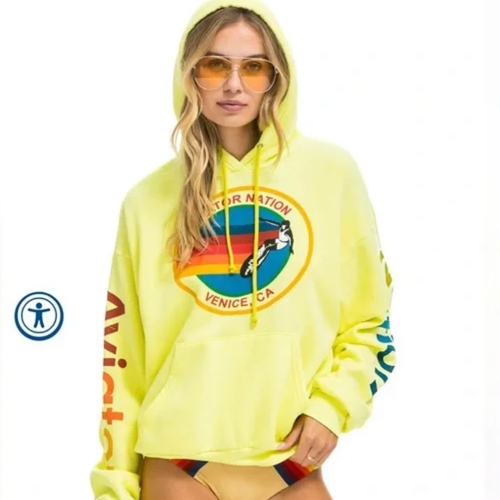Aviator Nation Neon Hoodie with Rainbow Emblem